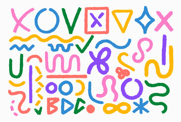 Set colorful various doodle grunge vector geometric loops, circles. Hand drawn brush drawn creative modern elements for collages, templates. Thick, bold wavy colored brush strokes, dots and loops.