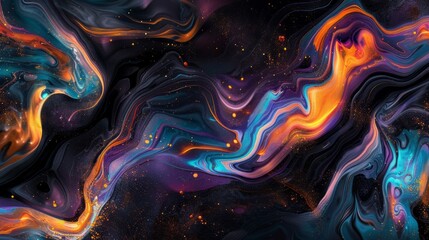 vibrant abstract image with swirling colors of orange, purple, and blue blending together against a dark background. The dynamic flow of colors creates a mesmerizing and artistic effect