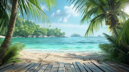 Serene beach with wooden deck and palm trees