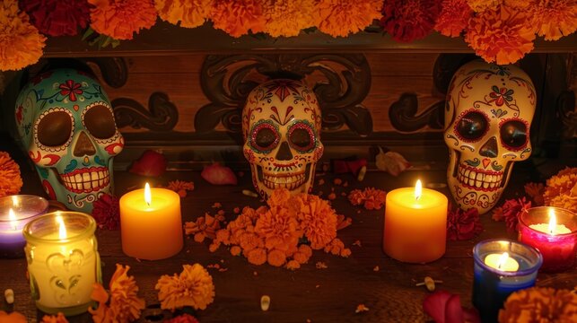 Vibrant Day of the Dead Celebration with Colorful Skulls and Candles