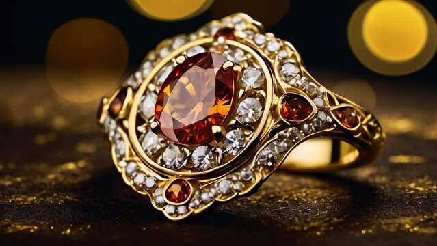 opulent and intricately designed ring centerpiece of the ring is a large, oval-shaped gemstone with a rich amber hue, ornate halo of sparkling diamonds