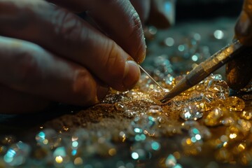 Obraz premium Close-up of a hand of a goldsmith who builds a precious jewel with valuable diamonds