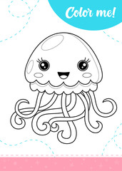 Coloring page for kids with cartoon jellyfish. A printable worksheet, vector illustration.
