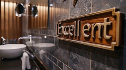 Obraz premium A close-up of a bathroom sign reading Excellent with a blurred background of a modern bathroom with sinks and mirrors. The sign is made of wood and brass and has a sophisticated feel.