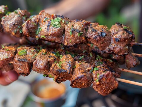 Hold the meat skewers, sprinkle with cumin powder on the skewers, close-up, 
