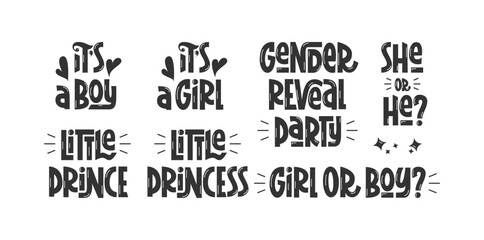 Obraz premium Gender Reveal Party Quotes Set. Vector Hand Lettering of Different Phrases. Girl or Boy, She or He, Little Prince, Little Princess.