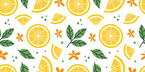 Lemon Seamless Pattern. Cute Colorful Summer Fruit Background with Leaves and Flowers. Vector Illustration of Citrus Backdrop.