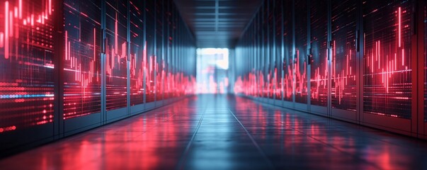 Futuristic server room with red graphs