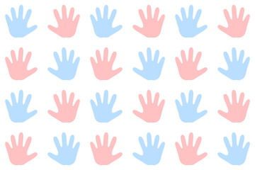Seamless Pattern with Hand Palm Pink and Blue. Vector Baby Background for Gender Reveal Party.