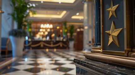 A close-up of a marble pillar with gold stars, showcasing the interior design of a luxurious lobby.