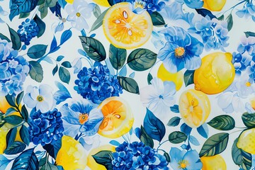 A vibrant seamless pattern, yellow lemons and blue flowers, inspired by the traditional tile designs of Santorini, Greece. The watercolor illustration  summery and classic Mediterranean feel.