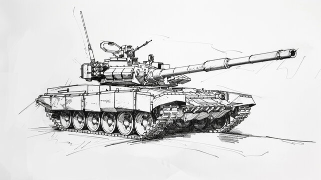 Line Art Drawing of Russian T-80 style Tank
