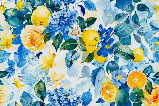 Fototapeta A vibrant seamless pattern, yellow lemons and blue flowers, inspired by the traditional tile designs of Santorini, Greece. The watercolor illustration  summery and classic Mediterranean feel.