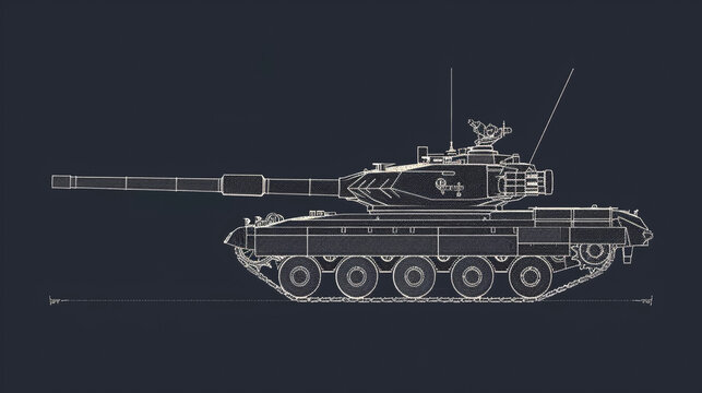 Detailed Line Art Drawing of Russian T-64 style Tank
