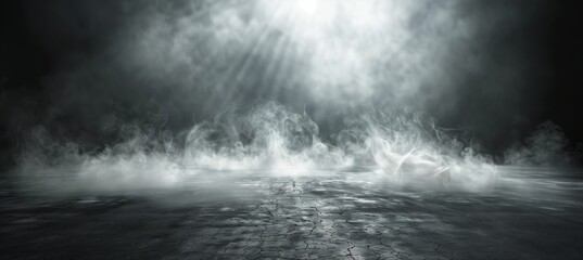 Abstract background of empty asphalt floor with white light beam and smoke in the dark room. Dark scene for product presentation, virtual space