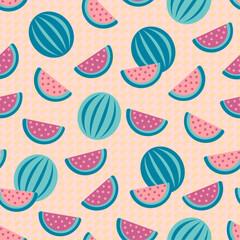 Summer tropical pattern with watermelon and its slices in blue and pink shades on dotted background