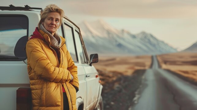 Confident Senior Woman in Yellow Jacket Leaning on Car Enjoying Mountain Scenery