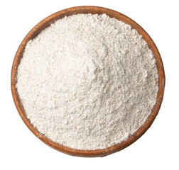 Buckwheat Flour Pile in Wood Bowl, Dry Buck Wheat Powder, Buckwheat Flour on Wooden Rustic Background