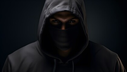 Naklejka premium anonymous man, hacker wearing neon mask over dark background
