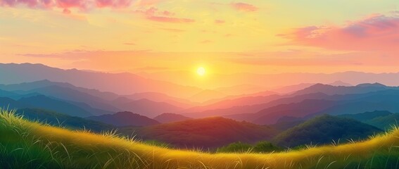 Fototapeta premium Beautiful summer landscape with green hills and grass at sunset, in the style