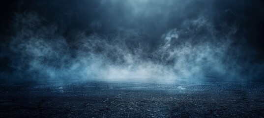 Abstract empty dark background with smoke and fog on asphalt floor