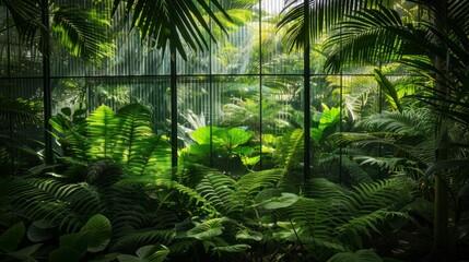 Naklejka premium Lush Greenhouse Oasis with Tropical Plants and Sunlight