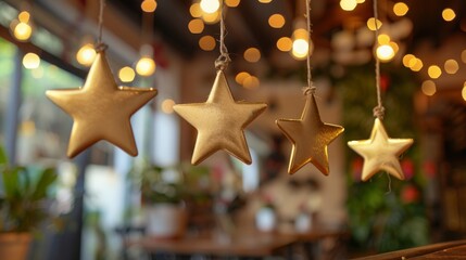 Five golden stars hang from a string, suspended from the ceiling of a cafe. The stars are in focus, while the cafe interior is blurred in the background.