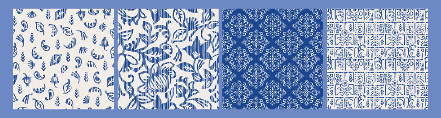 Ethnic blue seamless patterns with plant motifs. Modern abstract design for paper, cover, fabric, interior decor and other