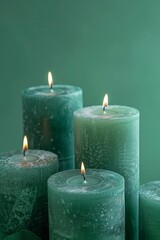 Burning Teal Candles On Green Background