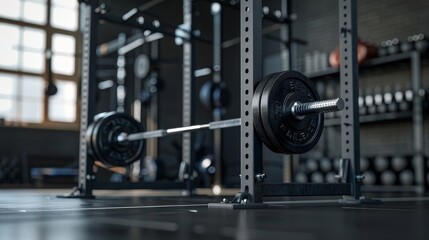 Fototapeta premium Strength and Determination Heavy Barbell on Squat Rack in Powerlifting Gym