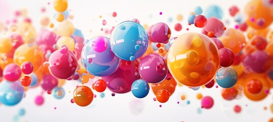 Multicolored spheres of different sizes flying in the air on a white background. Colorful abstract 3D illustration with many colorful spheres in bright colors
