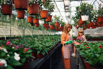 Mother florist is gardening at greenhouse while her girl is watching.
