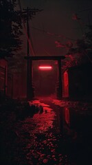 Dark Night time, Red highlights Horror, Liminal space, illustration made with Generative Ai