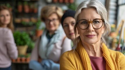 Confident Senior Woman with Friends at a Plant Nursery