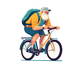 Obraz premium An elderly man is riding bicycle. Active sport for health and leisure activities. Senior man cycling outdoor. Healthy lifestyle. Vector illustration isolated on white background