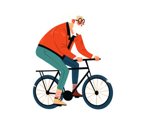 Naklejka premium An elderly man is riding bicycle. Active sport for health and leisure activities. Senior man cycling outdoor. Healthy lifestyle. Vector illustration isolated on white background