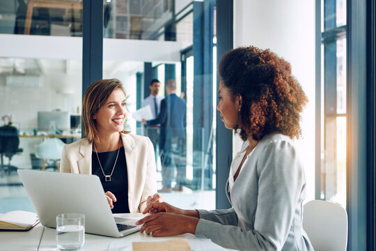 Business people, laptop and women in office for training planning and project idea, research or collaboration. Coaching, support and girl with manager for learning, discussion and problem solving