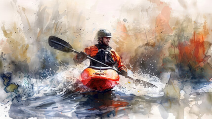 Fototapeta premium watercolor painting of a man kayaking in a river