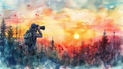 Fototapeta premium watercolor painting of a photographer taking a picture of a sunset in the mountains