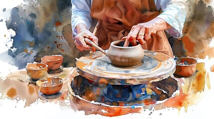 A watercolor painting of a potter at a wheel making a vase.