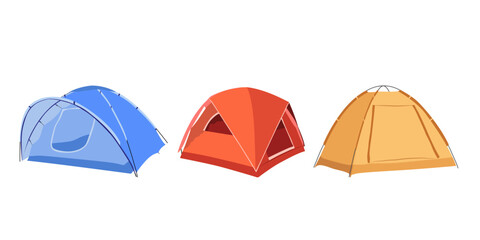 Camping tent isolated vector icons of tourist equipment, outdoor adventure and travel design. Campsite tented shelters and dome tents with awning, canopy, marquee and window, made of colorful nylon.  © Анастасия Жадан