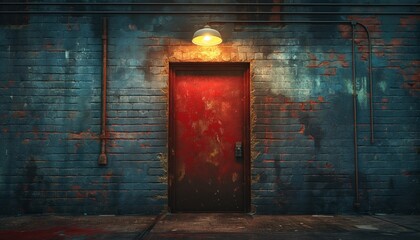 Moody red door in a blue brick wall
