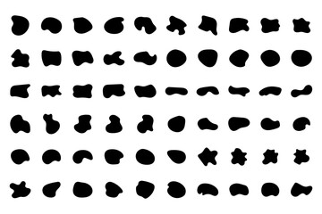 Random shapes vector set. Organic black blobs of irregular shape. Abstract blotch, inkblot and pebble silhouettes, simple liquid elements, water forms creative minimal bubbles. Vector set