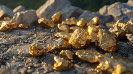 Obraz premium Golden Treasures Shimmering Gold Nuggets on Textured Stone Surface Mining Riches and Luxury Discovery Concept