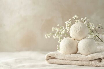 Fototapeta premium Spa Bath Bombs with Flowers on Towels, Relaxation and Wellness Concept