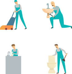 Collection of illustrations showcasing cleaners with tools and equipment for different cleaning activities