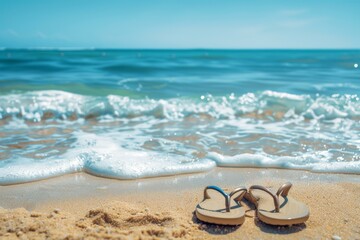 Obraz premium Flip Flops on Sandy Beach with Ocean Waves, Summer Vacation Concept