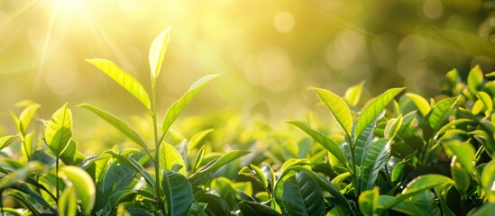 Beautiful green tea leaves with sunlight.