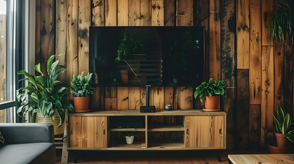 A wooden wall with TV stand and potted plants. a large black screen television on the tv console 