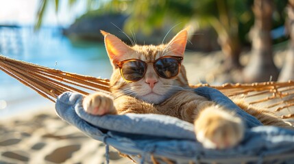Cat in hammock on summer beach